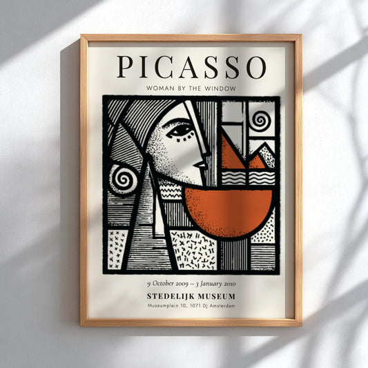Picasso inspired poster featuring woman by the window with bold lines and earthy tones