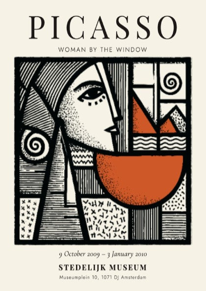 Picasso inspired poster featuring woman by the window with bold lines and earthy tones