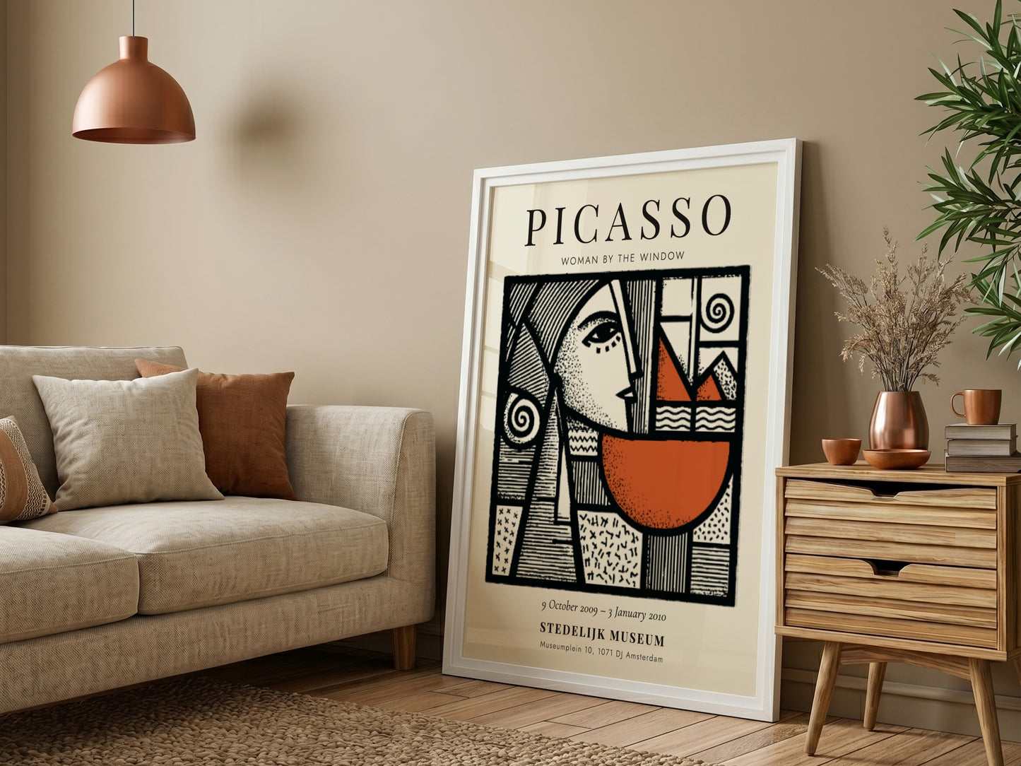Picasso inspired poster featuring woman by the window with bold lines and earthy tones