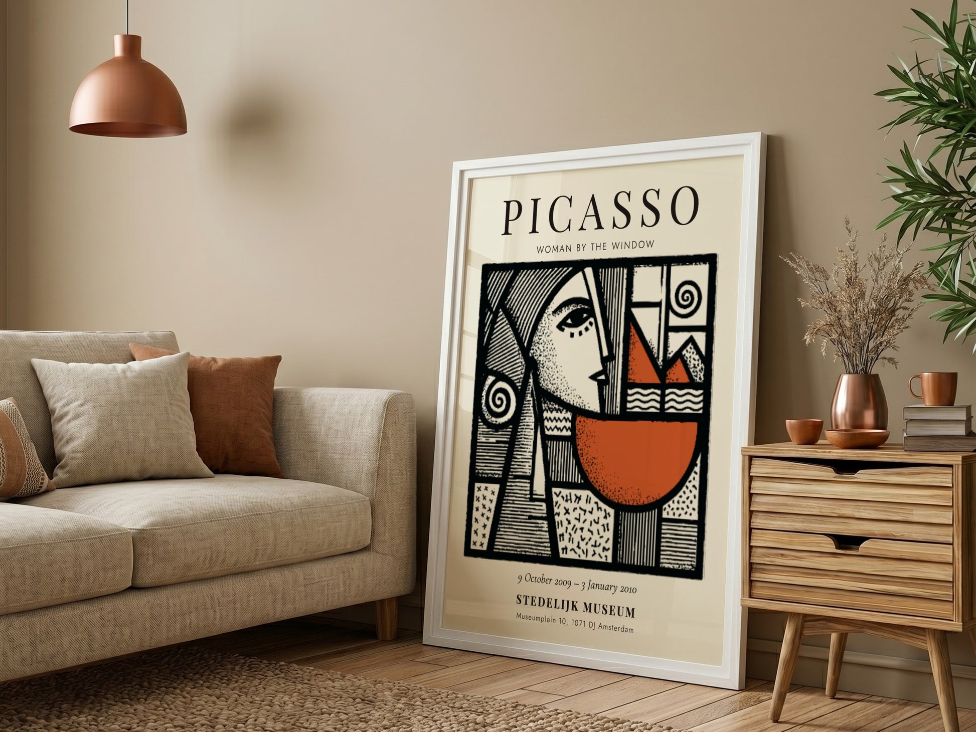 Picasso inspired poster featuring woman by the window with bold lines and earthy tones