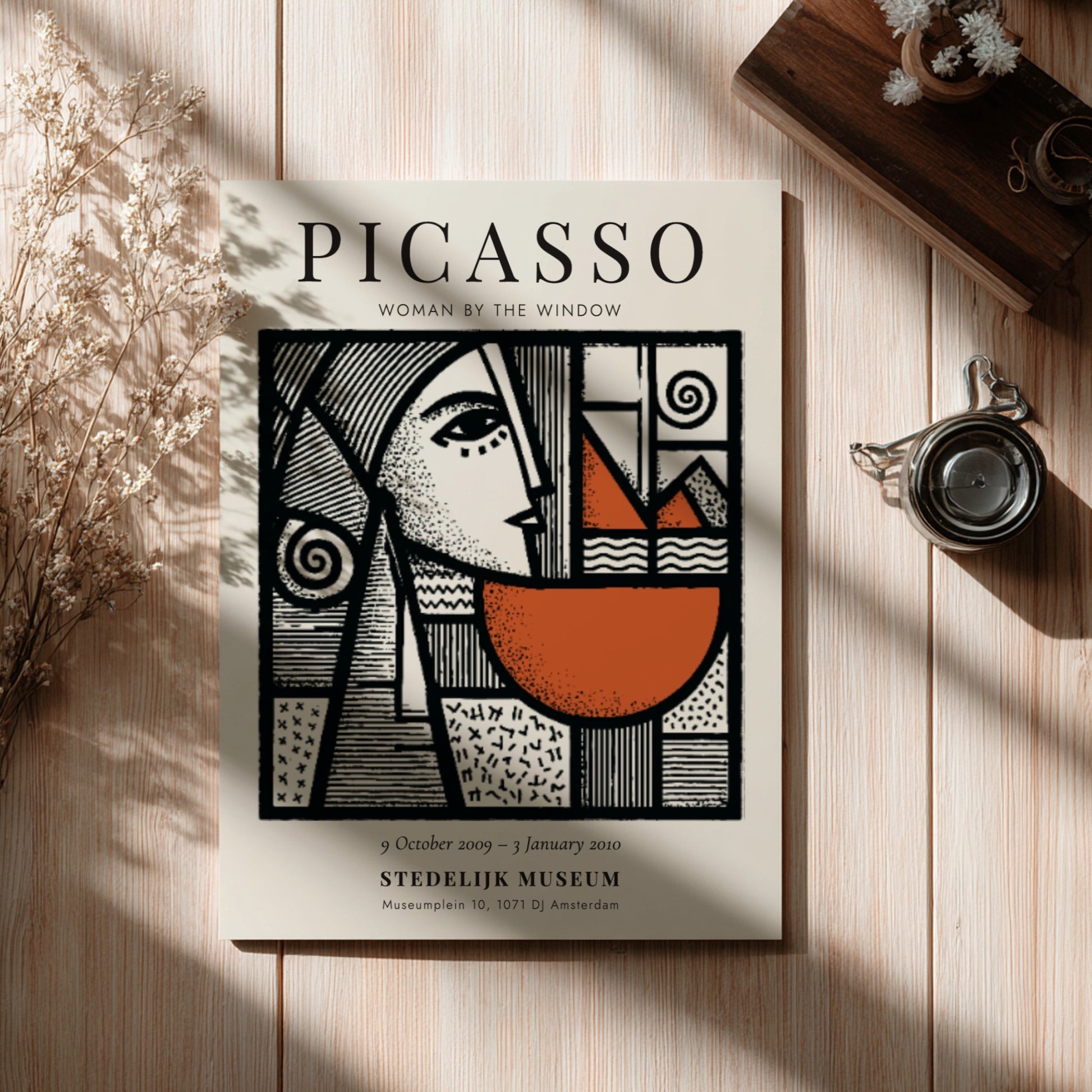 Picasso inspired poster featuring woman by the window with bold lines and earthy tones