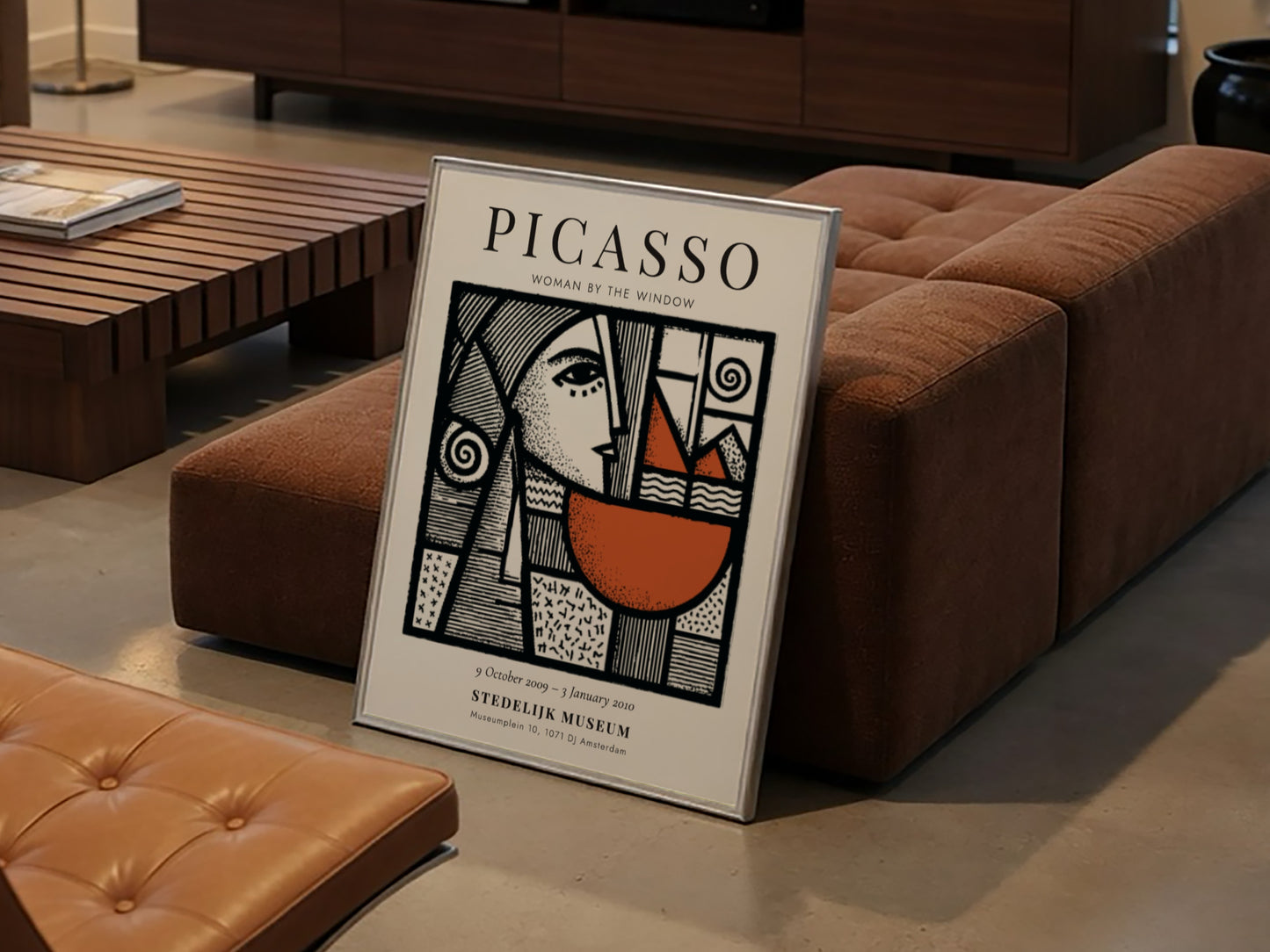 Picasso inspired poster featuring woman by the window with bold lines and earthy tones