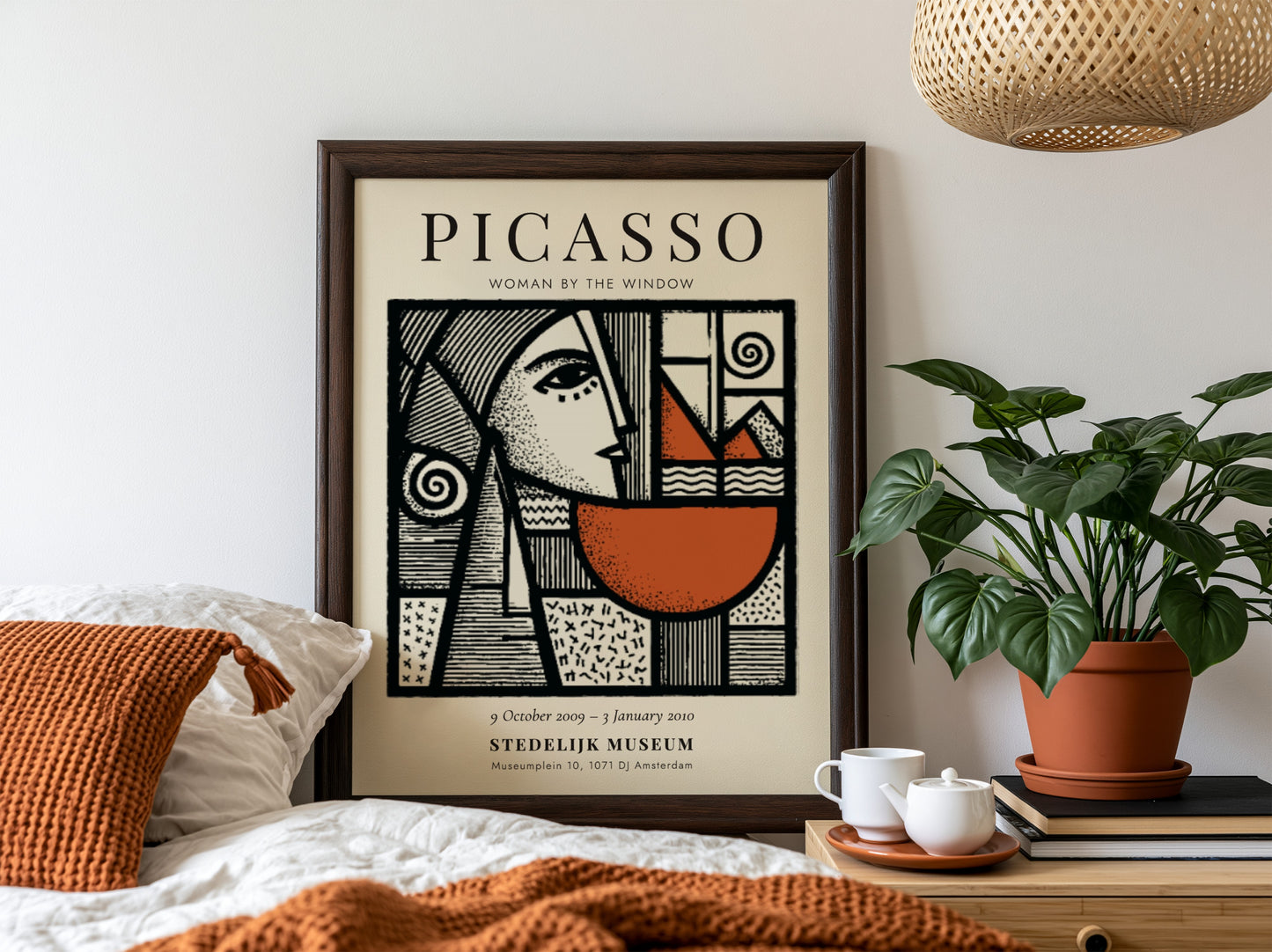 Picasso inspired poster featuring woman by the window with bold lines and earthy tones