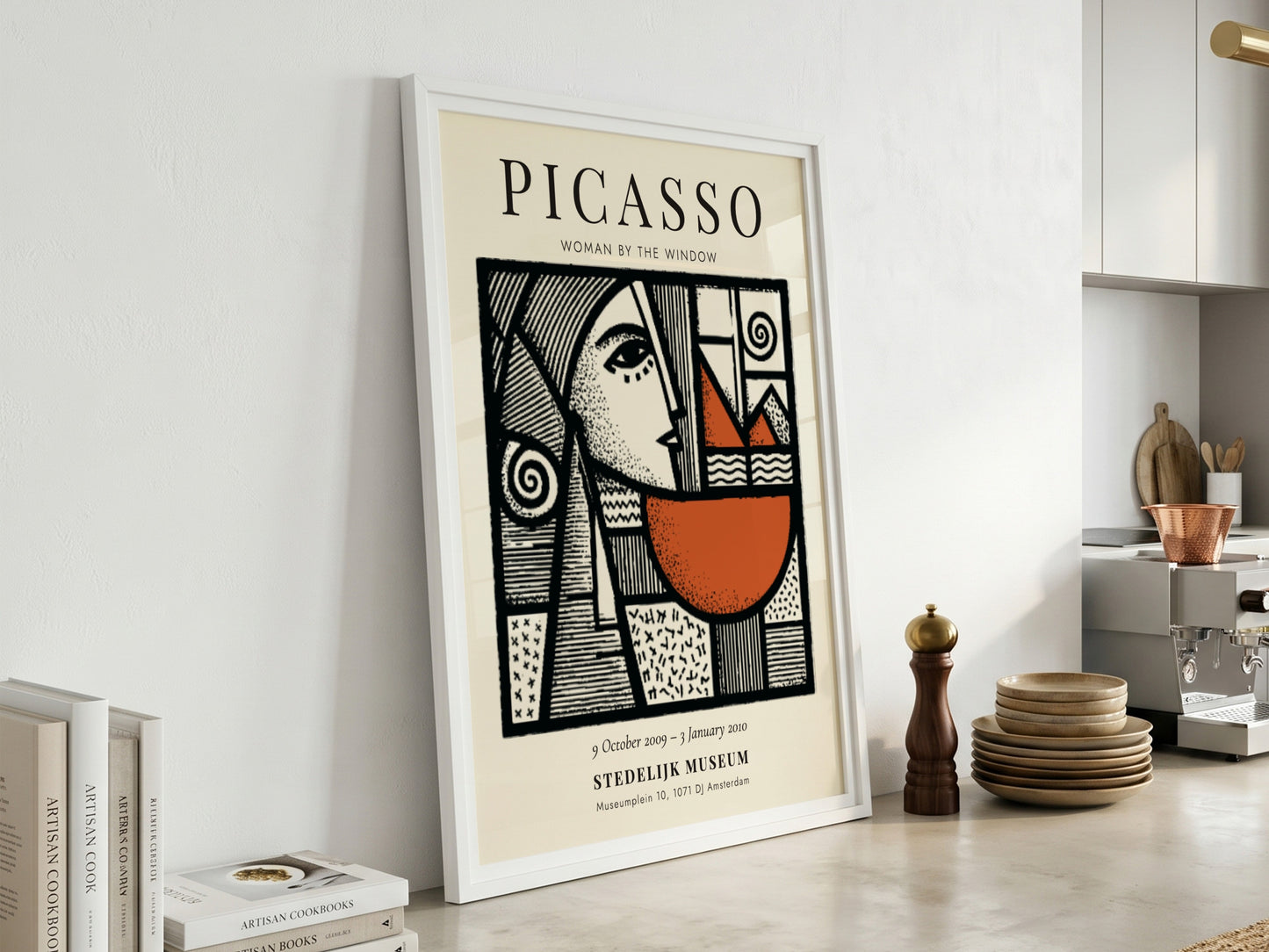 Picasso inspired poster featuring woman by the window with bold lines and earthy tones