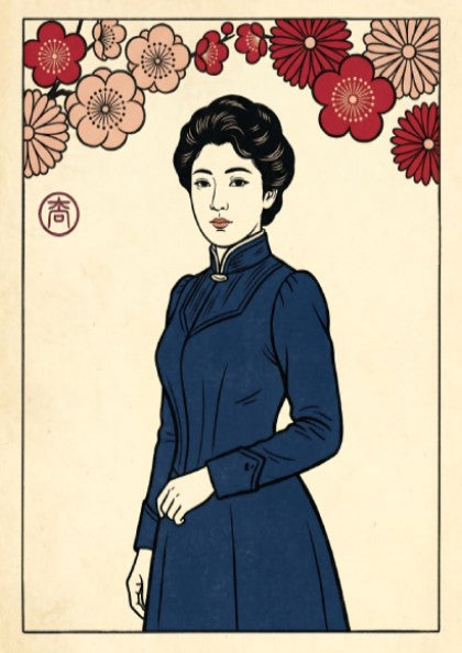 Japanese art style poster featuring a woman with cherry blossoms, vibrant colors and intricate details