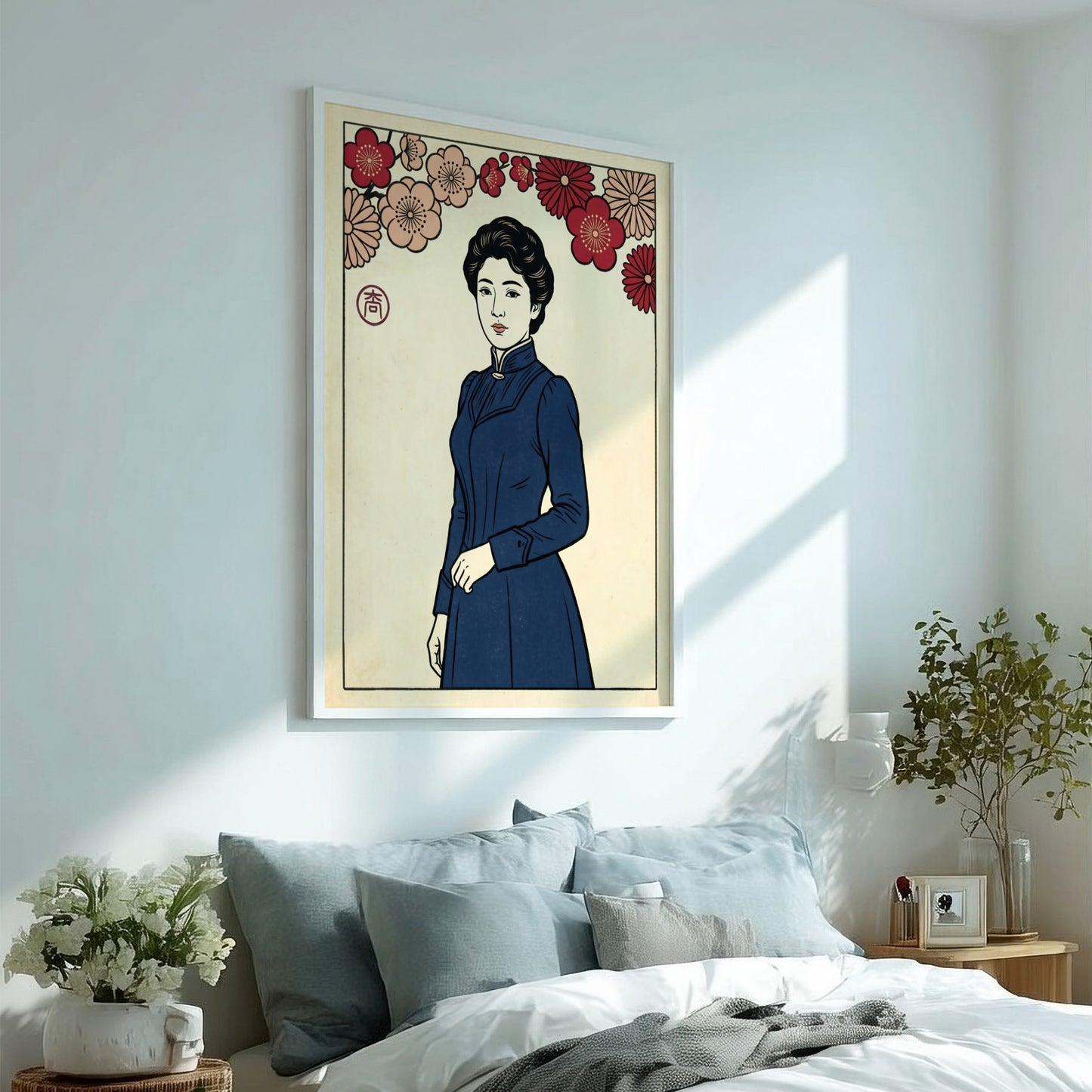Japanese art style poster featuring a woman with cherry blossoms, vibrant colors and intricate details