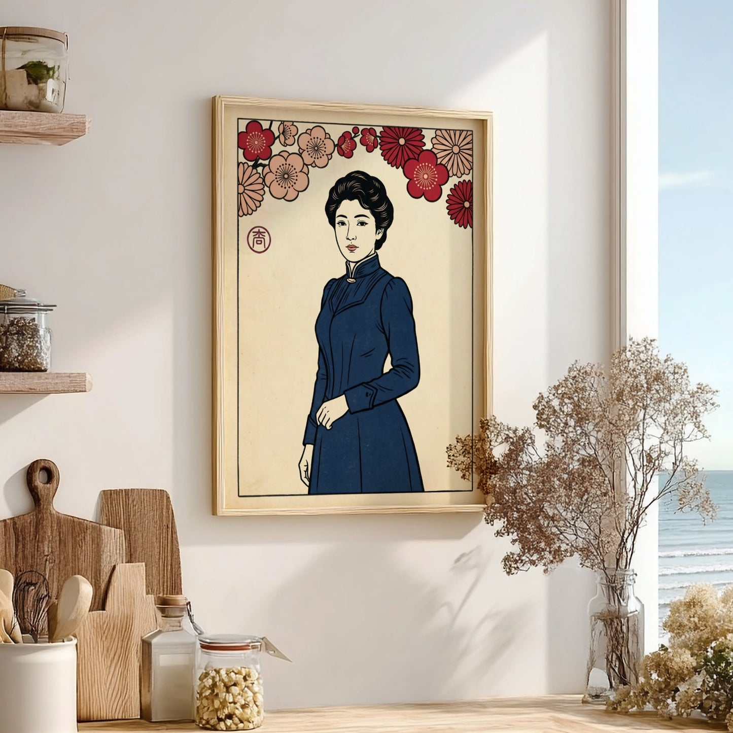 Japanese art style poster featuring a woman with cherry blossoms, vibrant colors and intricate details
