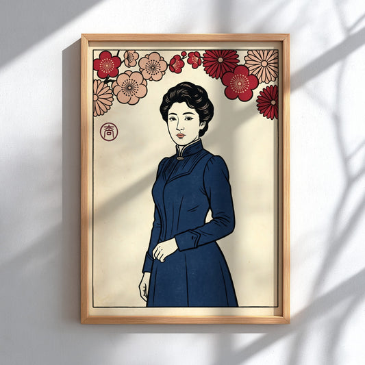 Japanese art style poster featuring a woman with cherry blossoms, vibrant colors and intricate details
