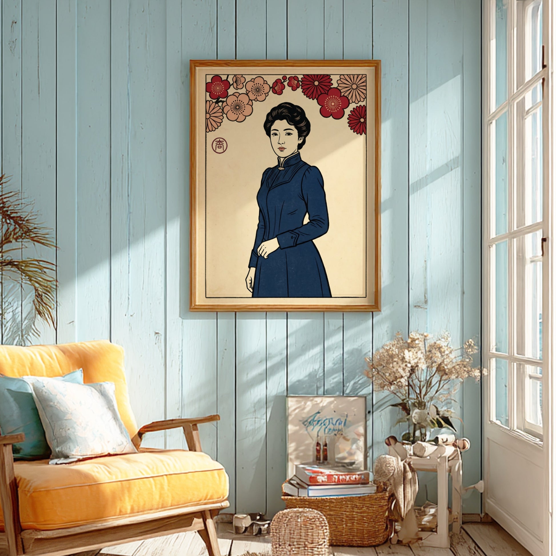 Japanese art style poster featuring a woman with cherry blossoms, vibrant colors and intricate details