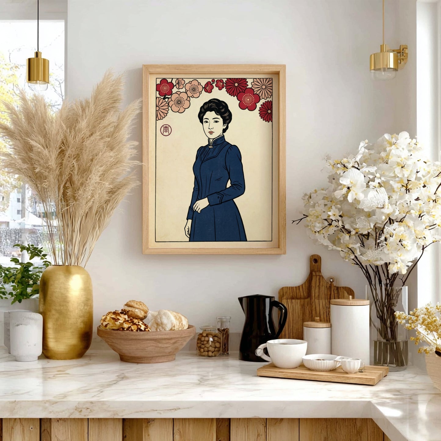 Japanese art style poster featuring a woman with cherry blossoms, vibrant colors and intricate details