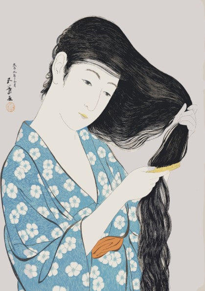 Poster of "Woman Combing Her Hair" by Goyō Hashiguchi, featuring a woman in a blue floral kimono brushing