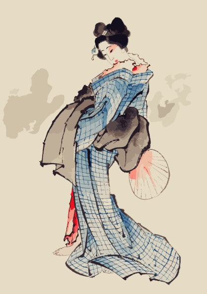 Famous art poster of a geisha in a blue kimono holding a fan, Ukiyo-e style.