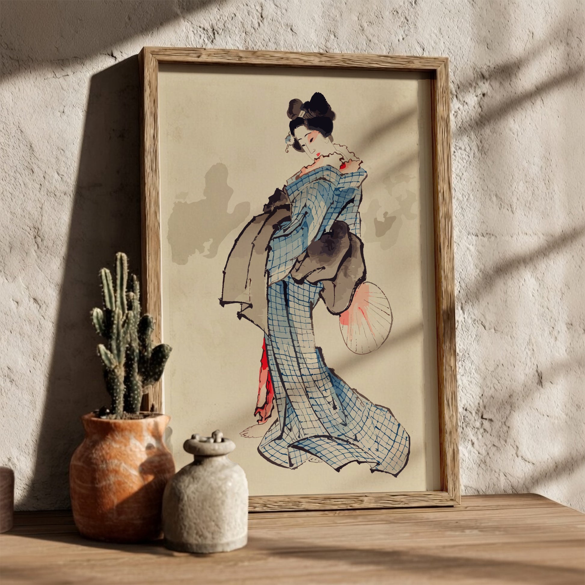 Famous art poster of a geisha in a blue kimono holding a fan, Ukiyo-e style.