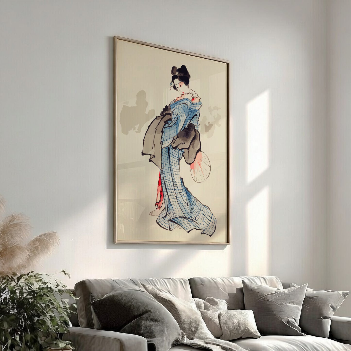 Famous art poster of a geisha in a blue kimono holding a fan, Ukiyo-e style.