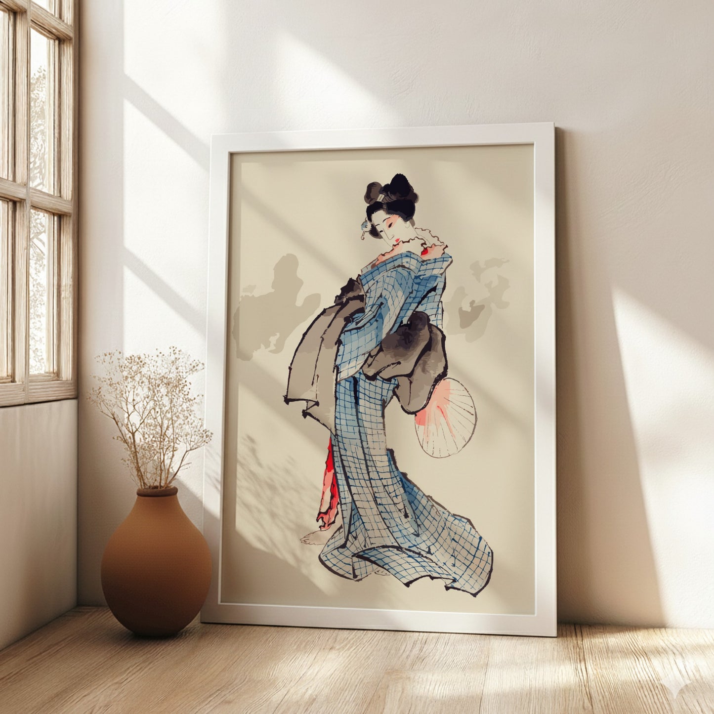Famous art poster of a geisha in a blue kimono holding a fan, Ukiyo-e style.