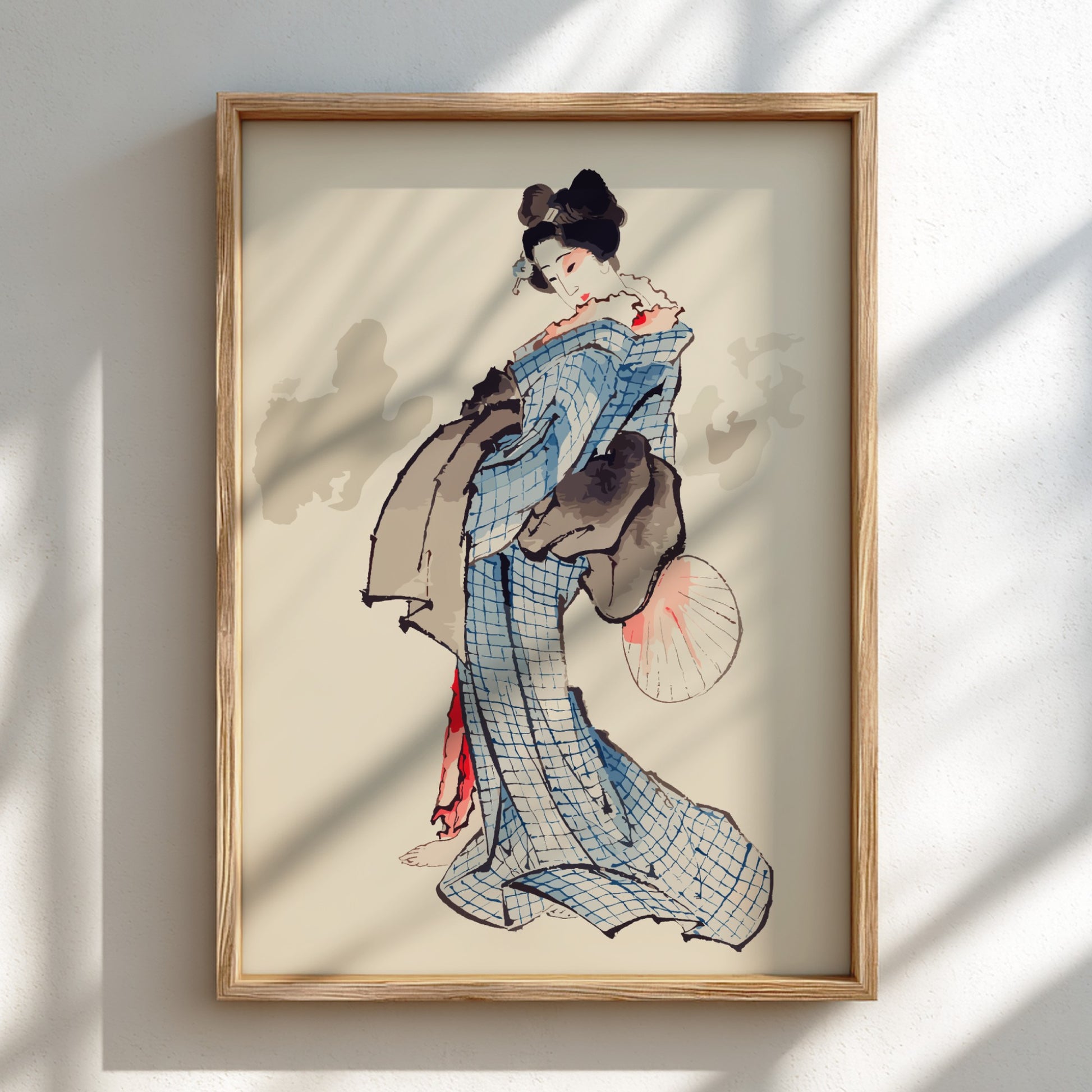 Famous art poster of a geisha in a blue kimono holding a fan, Ukiyo-e style.