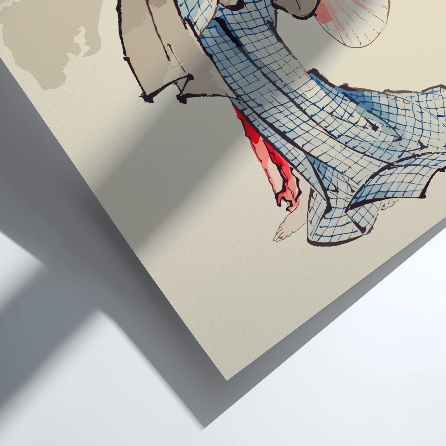 Famous art poster of a geisha in a blue kimono holding a fan, Ukiyo-e style.