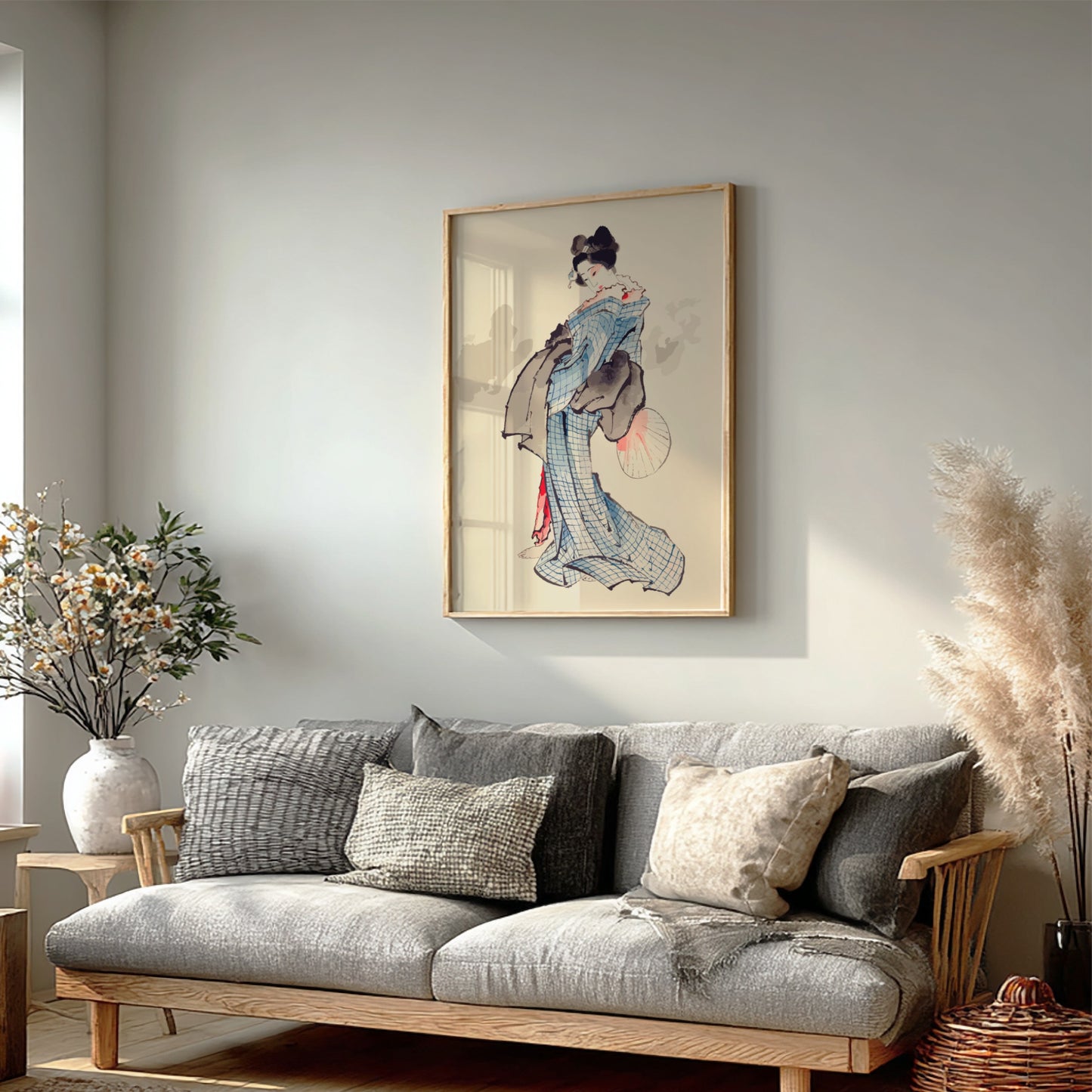 Famous art poster of a geisha in a blue kimono holding a fan, Ukiyo-e style.