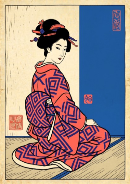 Japanese art style poster featuring a woman in a red kimono with intricate patterns