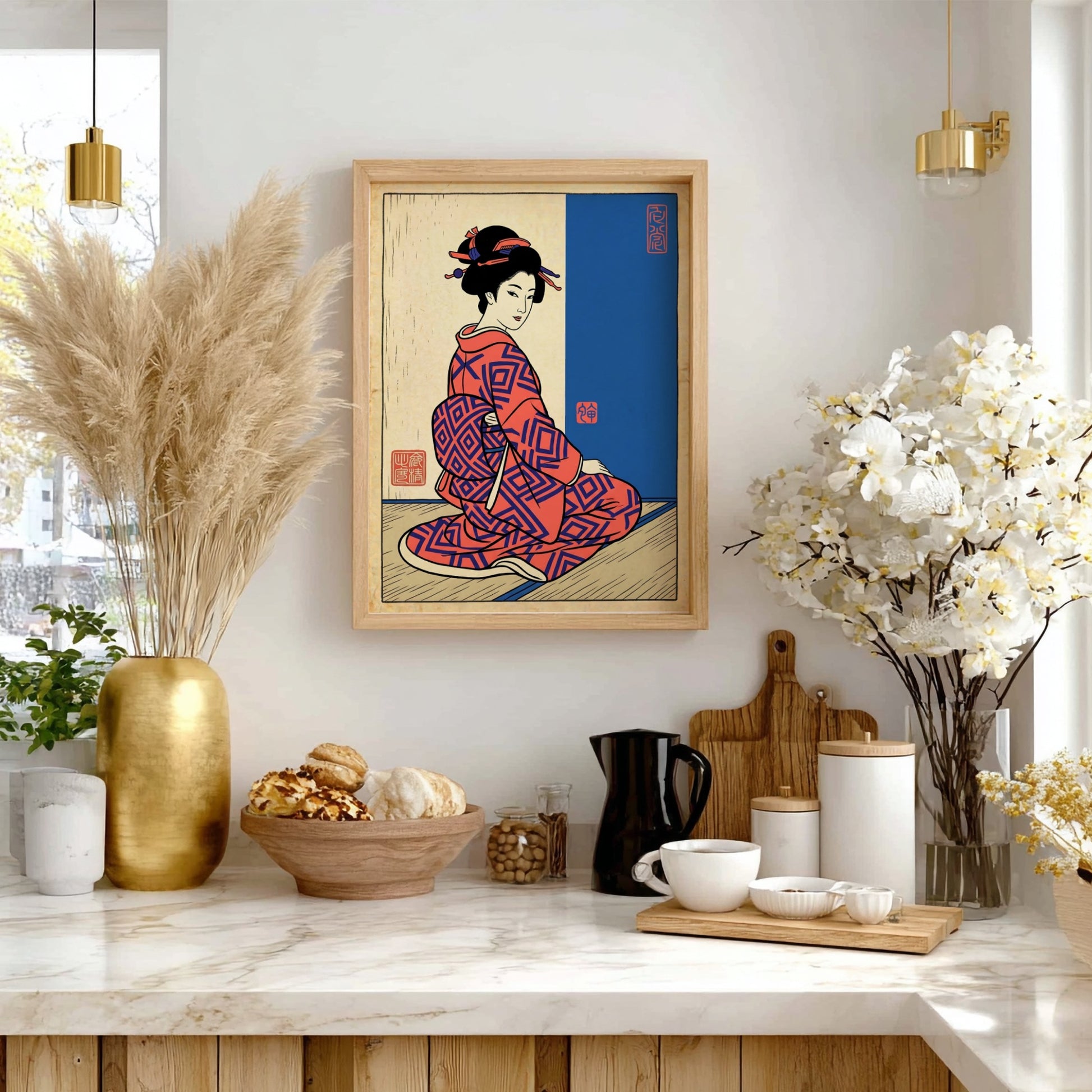 Japanese art style poster featuring a woman in a red kimono with intricate patterns
