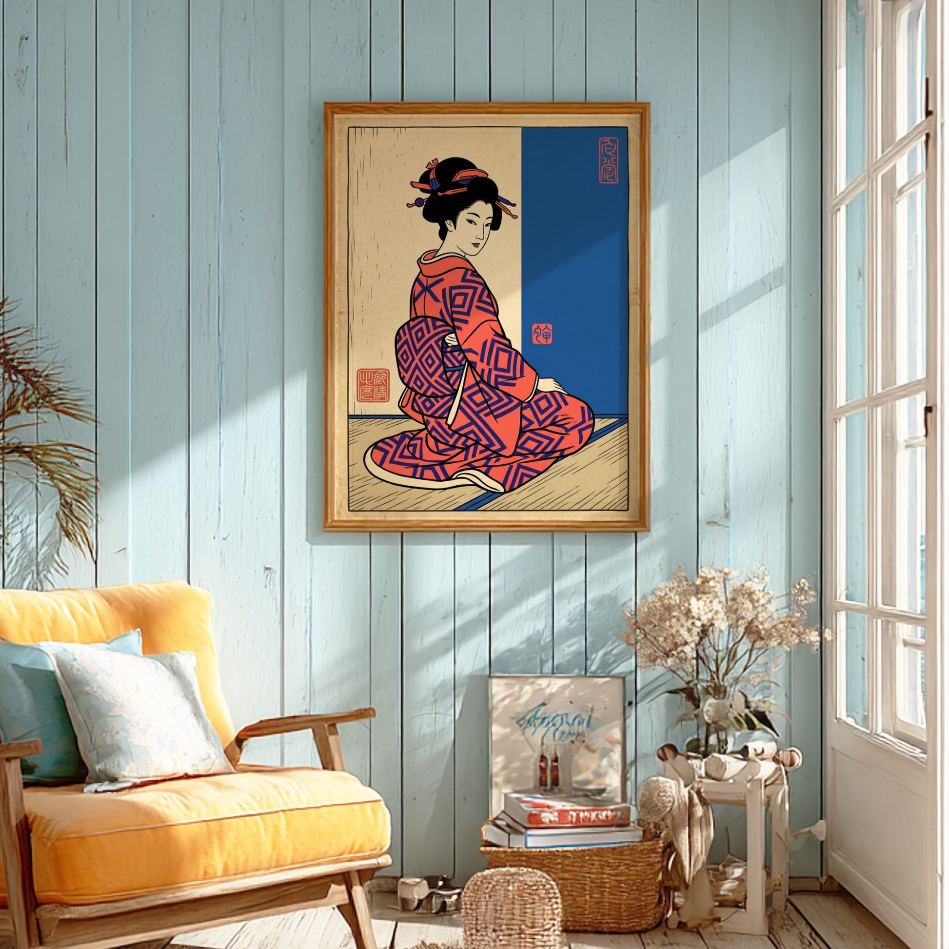 Japanese art style poster featuring a woman in a red kimono with intricate patterns