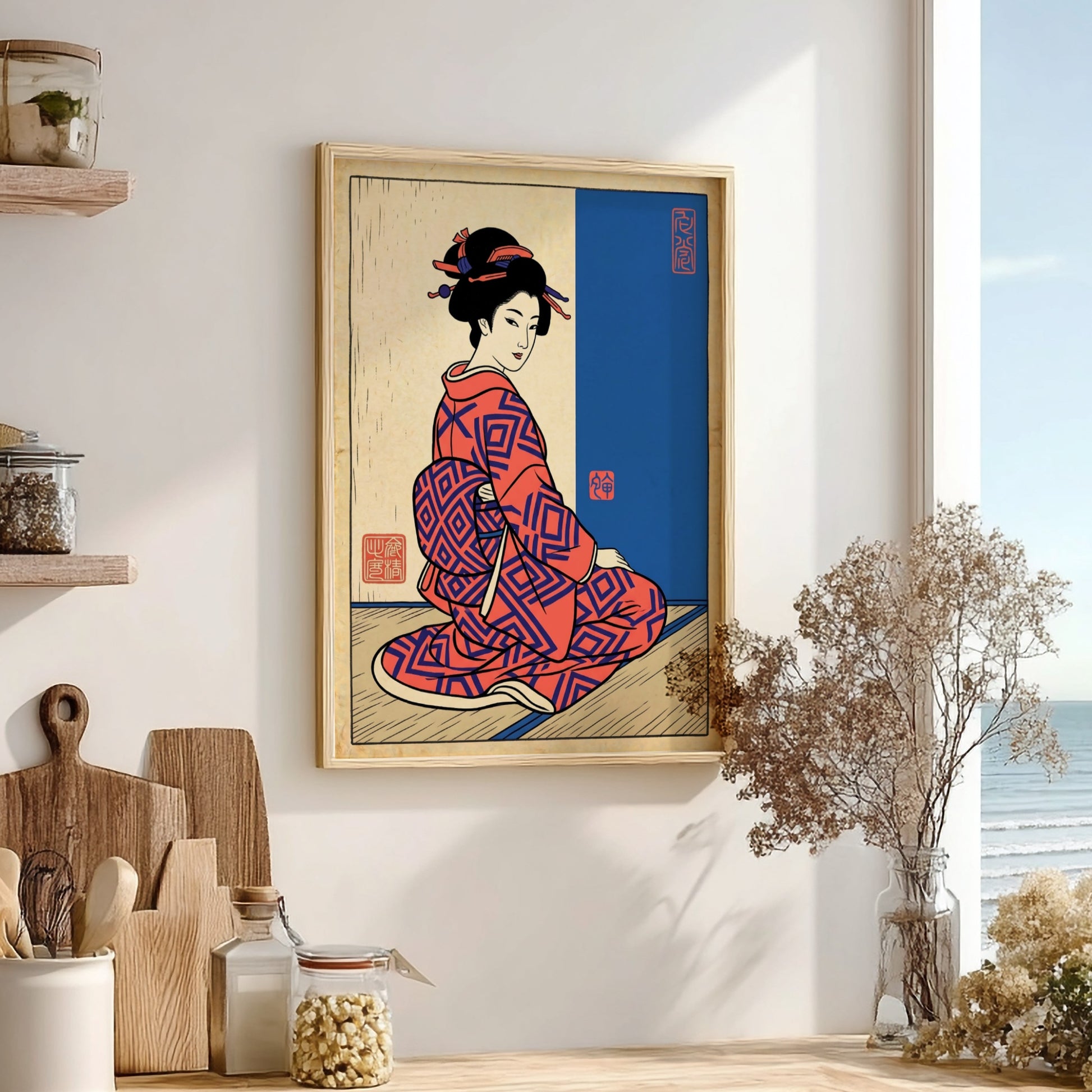 Japanese art style poster featuring a woman in a red kimono with intricate patterns