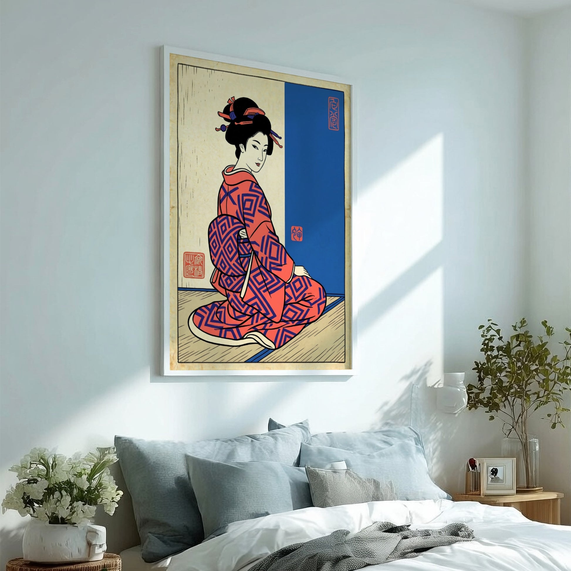 Japanese art style poster featuring a woman in a red kimono with intricate patterns