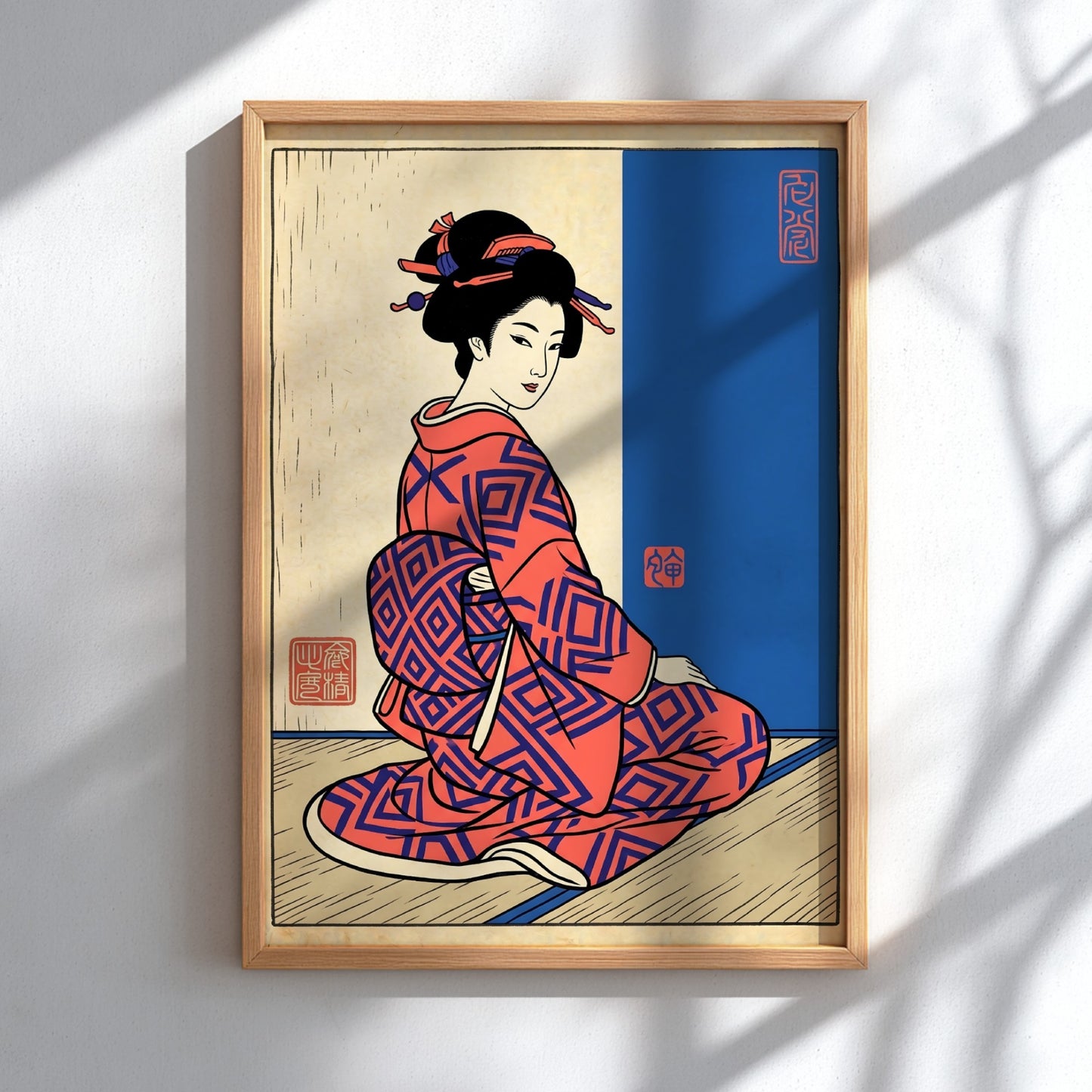 Japanese art style poster featuring a woman in a red kimono with intricate patterns