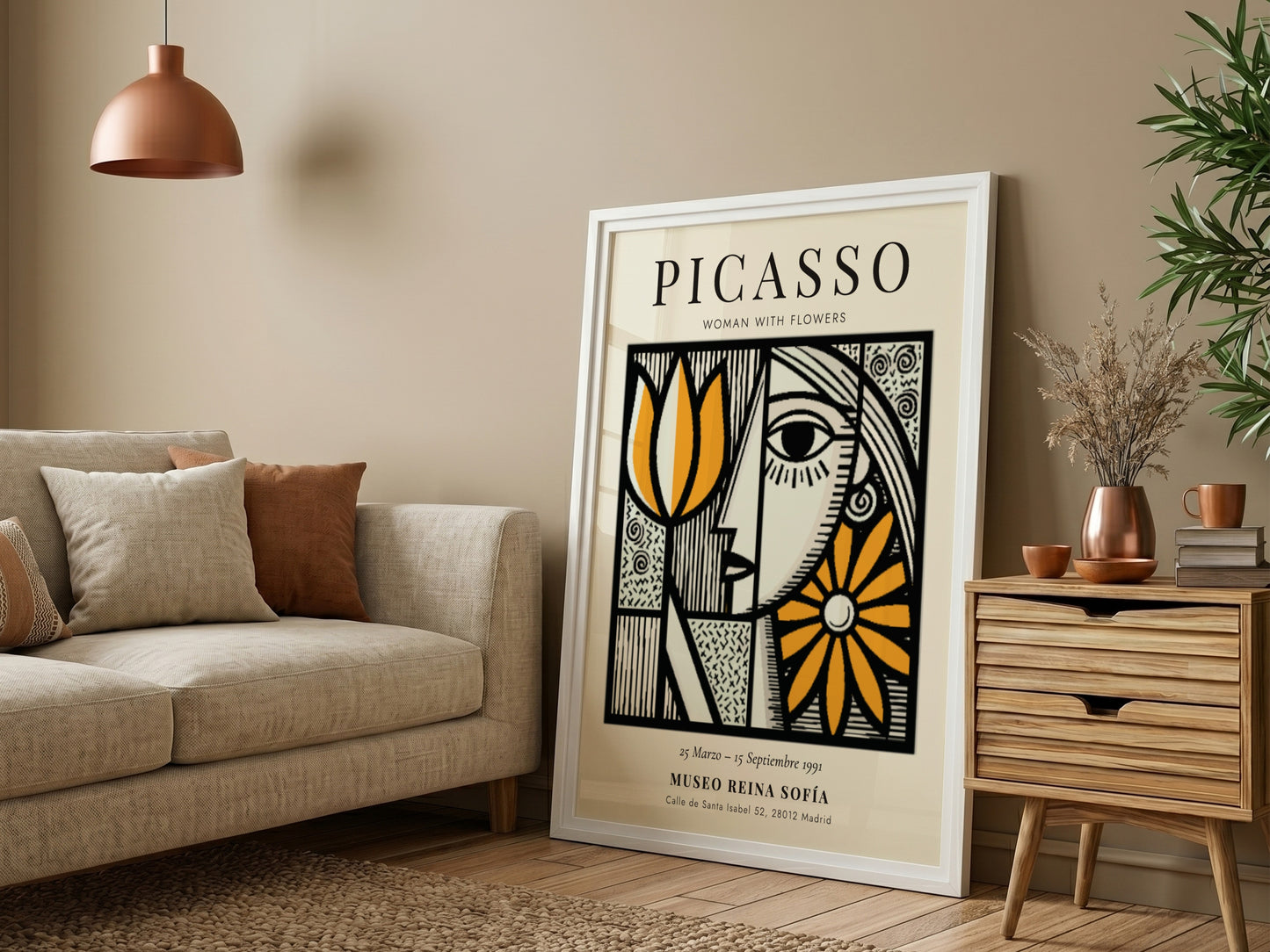Woman With Flowers poster featuring bold colors and Picasso-inspired abstract design