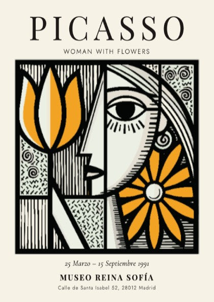 Woman With Flowers poster featuring bold colors and Picasso-inspired abstract design