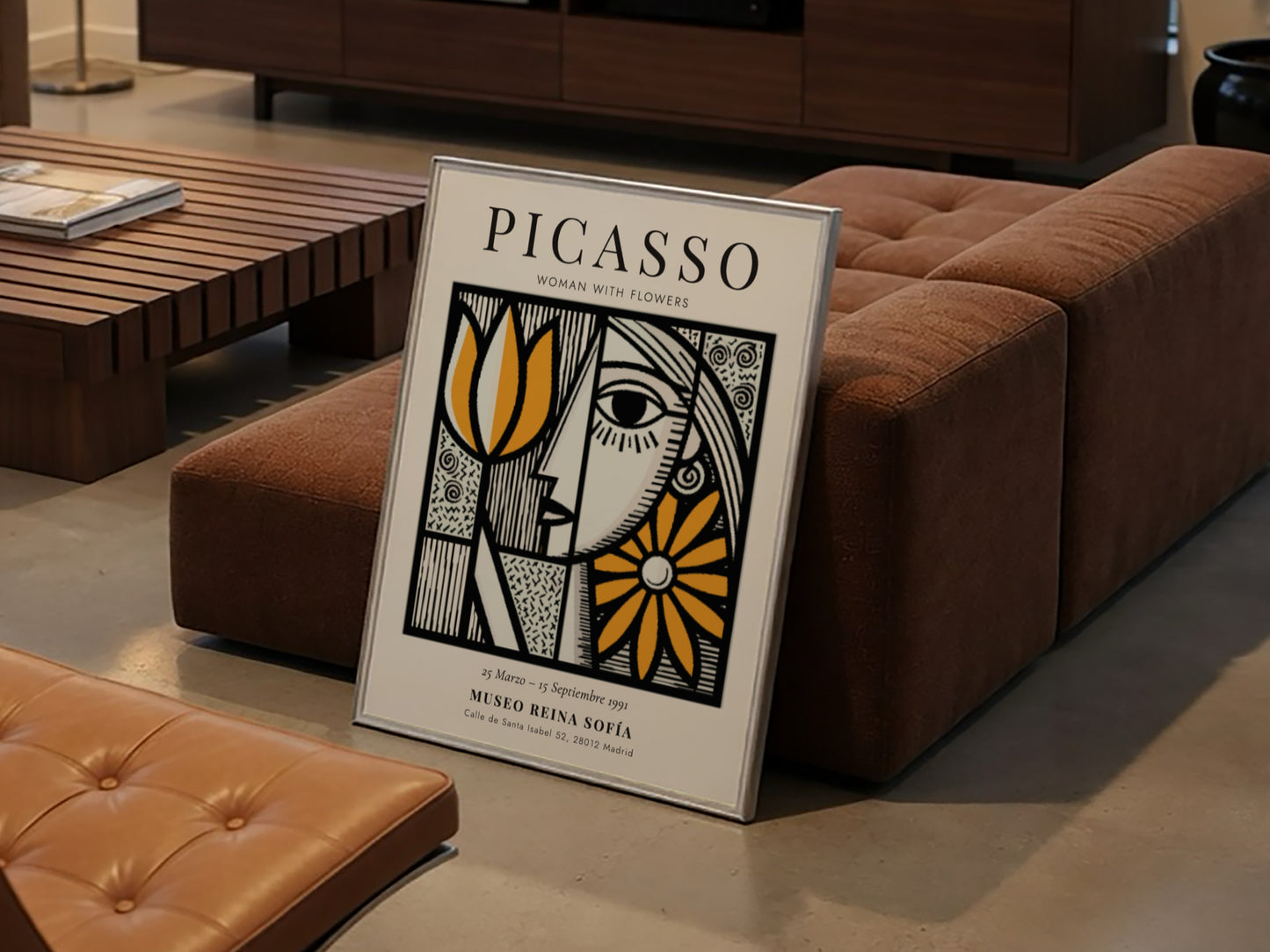 Woman With Flowers poster featuring bold colors and Picasso-inspired abstract design