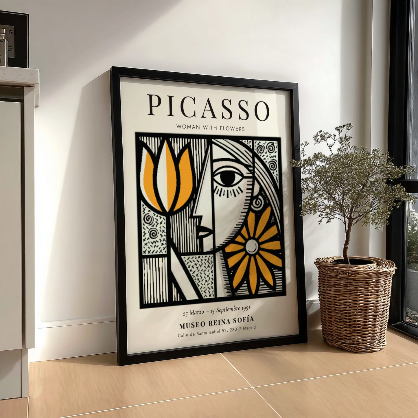 Woman With Flowers poster featuring bold colors and Picasso-inspired abstract design