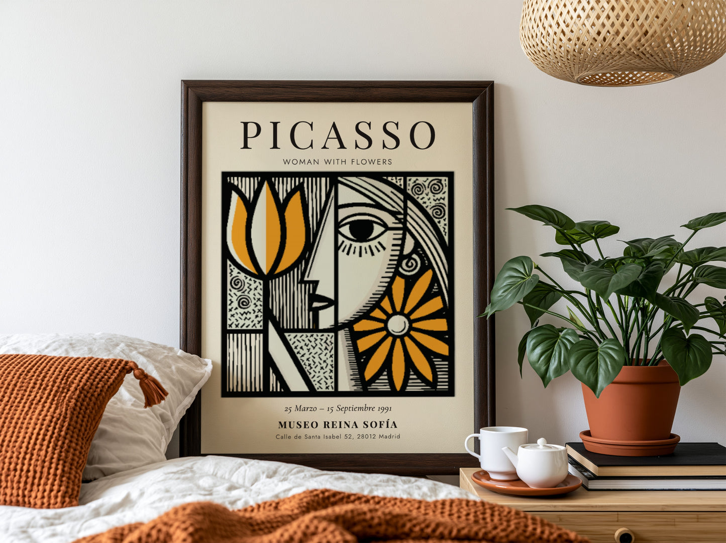 Woman With Flowers poster featuring bold colors and Picasso-inspired abstract design