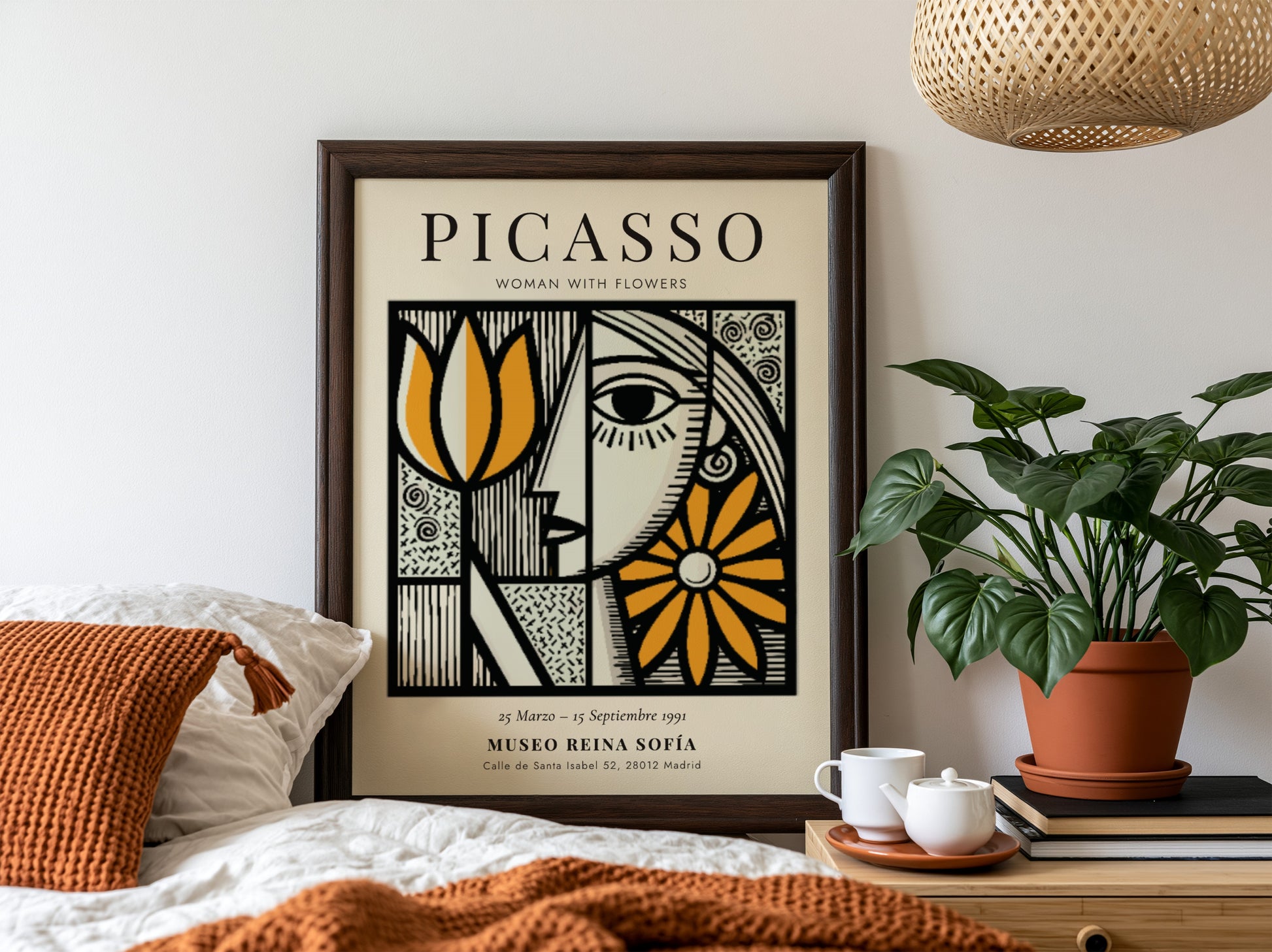 Woman With Flowers poster featuring bold colors and Picasso-inspired abstract design