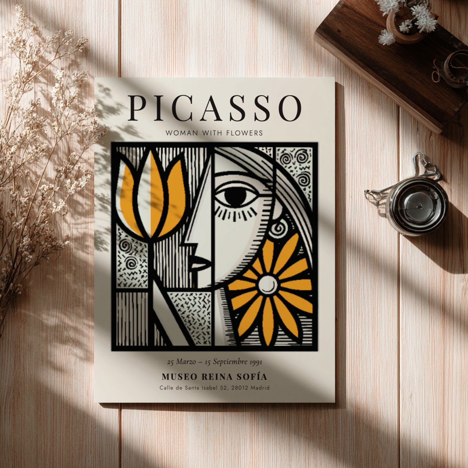 Woman With Flowers poster featuring bold colors and Picasso-inspired abstract design