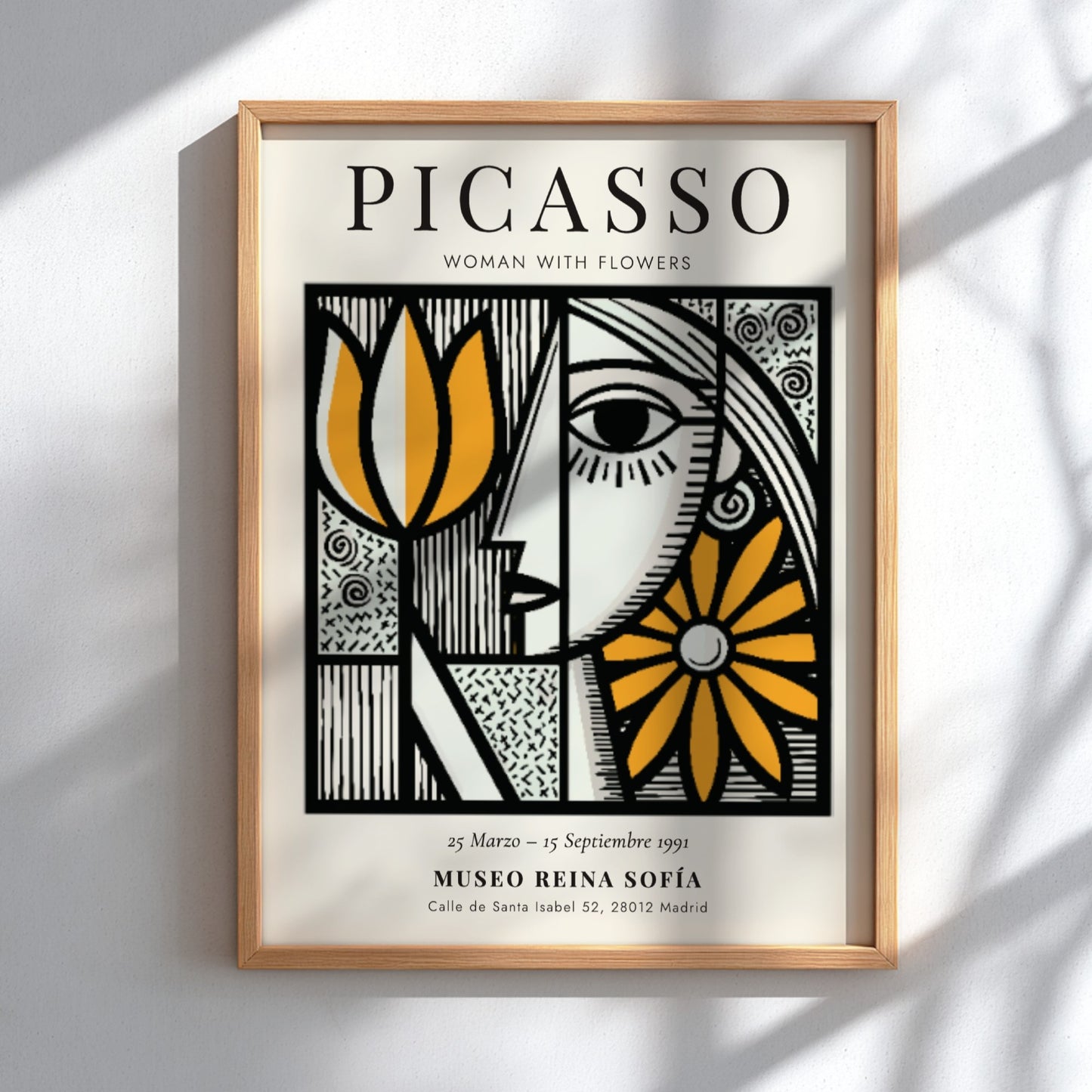 Woman With Flowers poster featuring bold colors and Picasso-inspired abstract design
