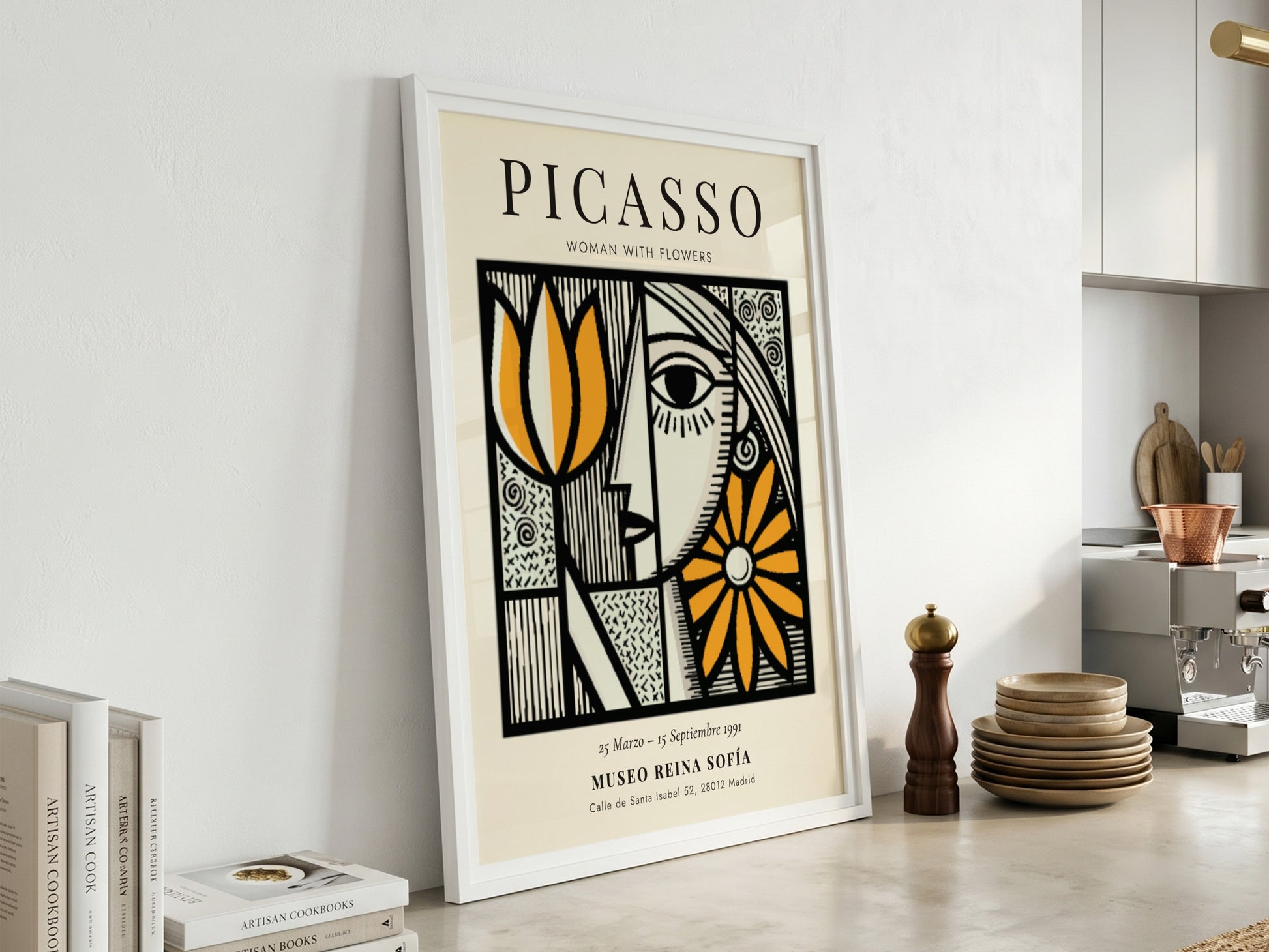 Woman With Flowers poster featuring bold colors and Picasso-inspired abstract design