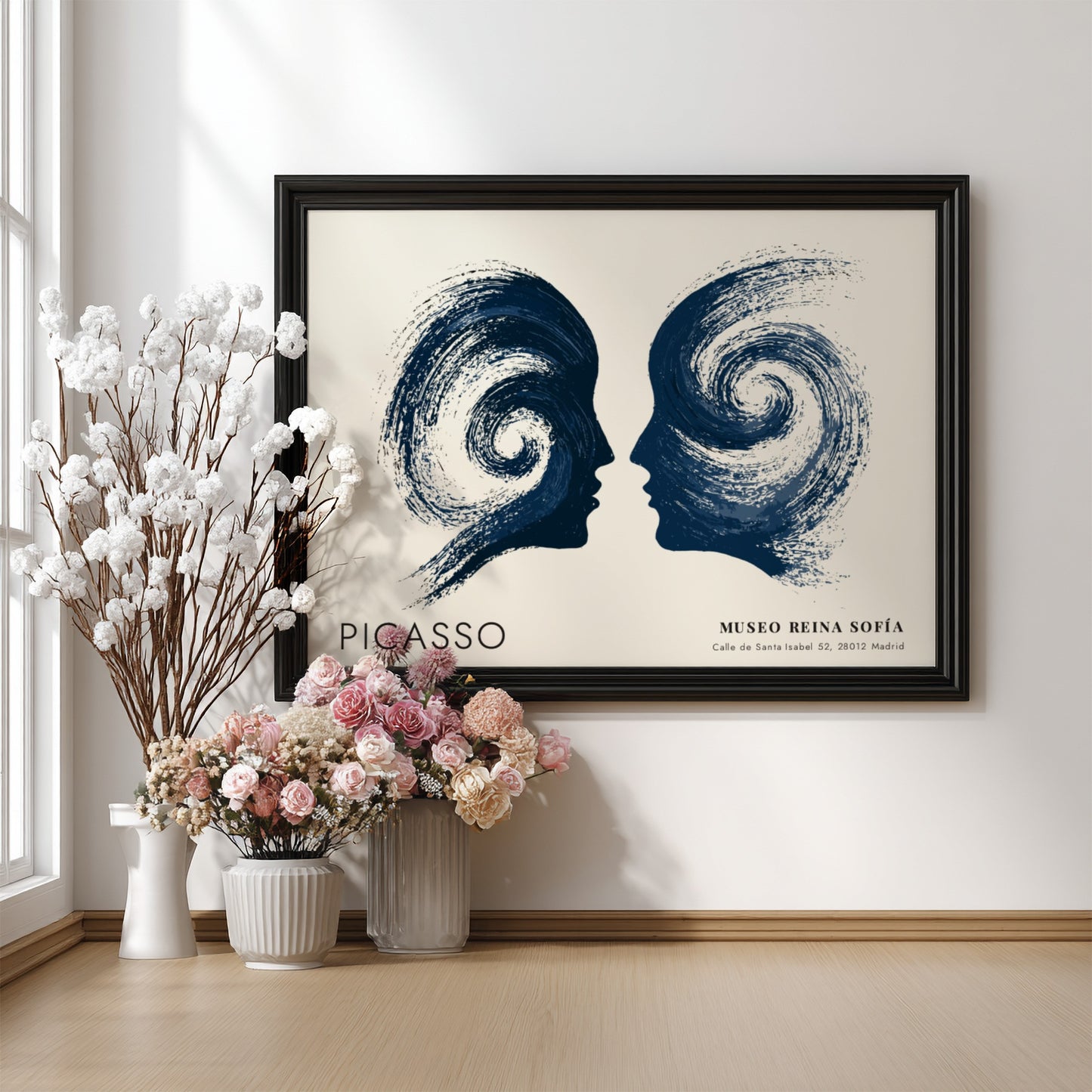 Woman With Flowers poster featuring swirling navy shapes in Picasso style