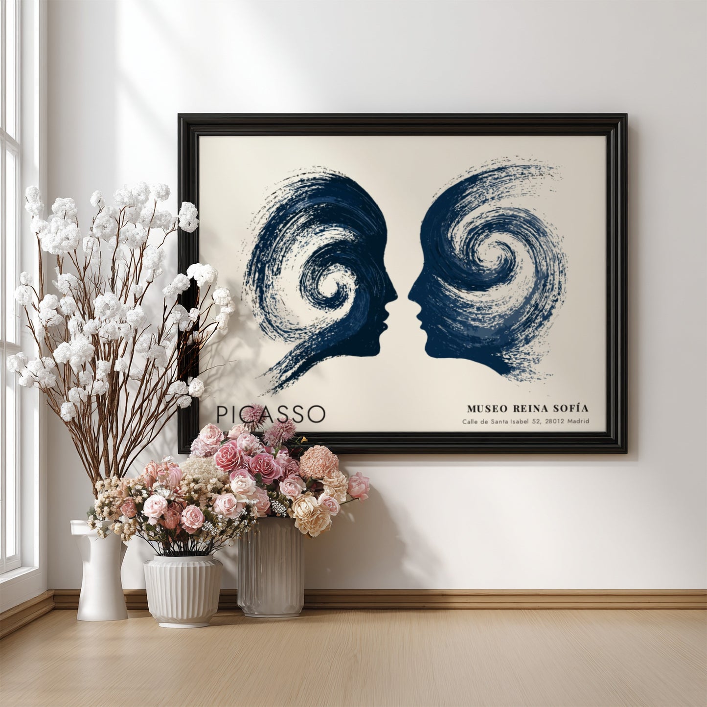 Pablo Picasso poster featuring abstract design of a woman with flowers in vibrant colors