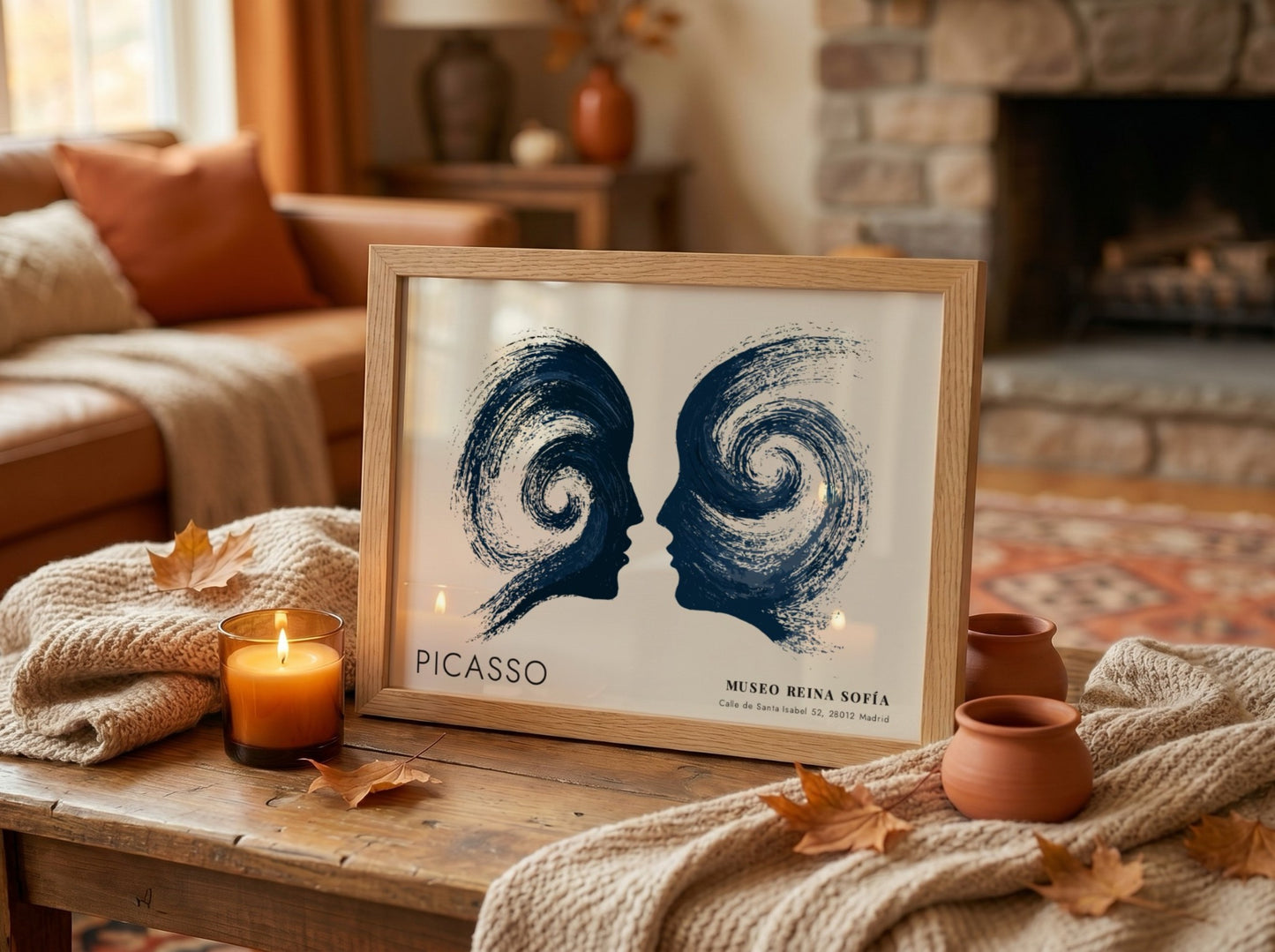 Woman With Flowers poster featuring swirling navy shapes in Picasso style