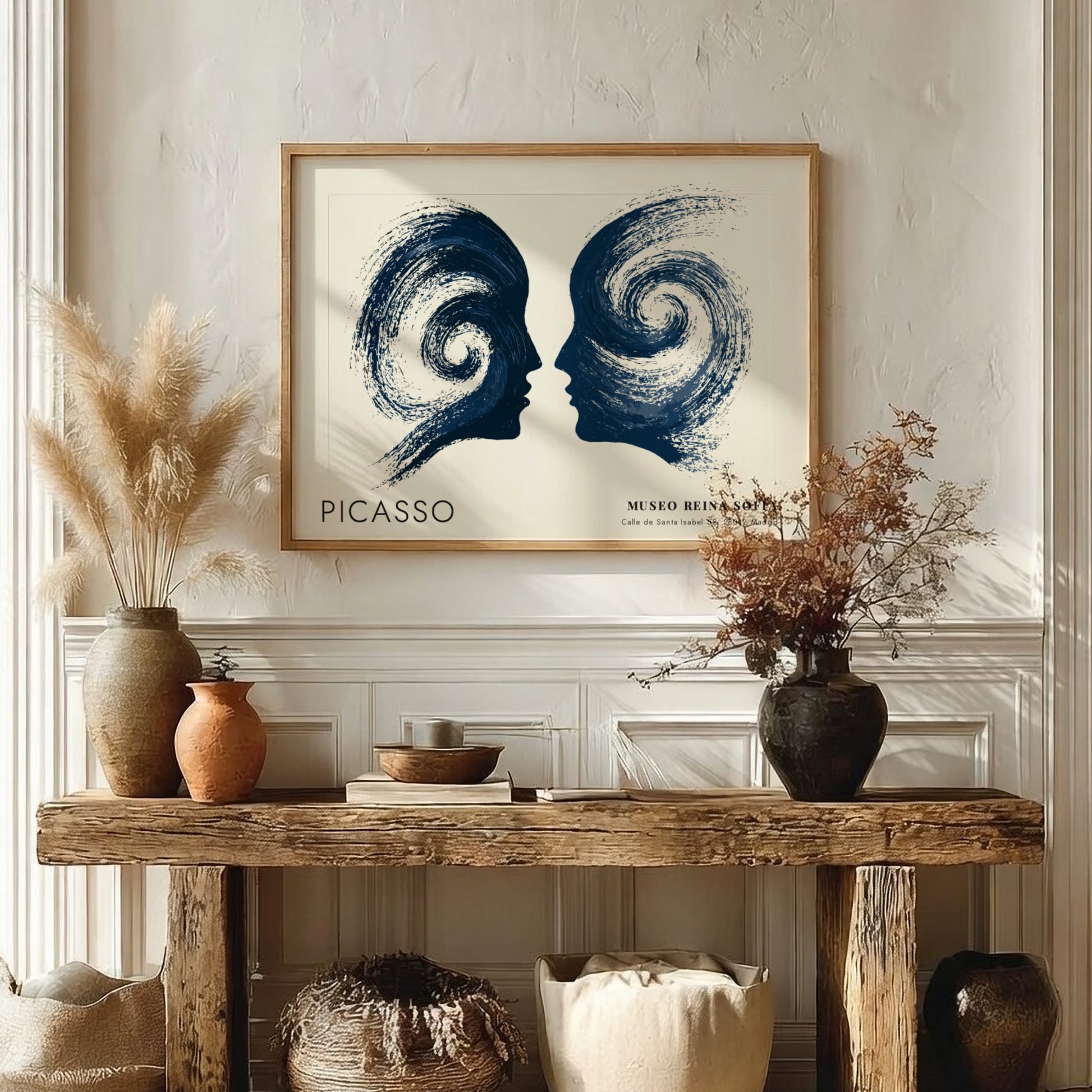 Woman With Flowers poster featuring swirling navy shapes in Picasso style