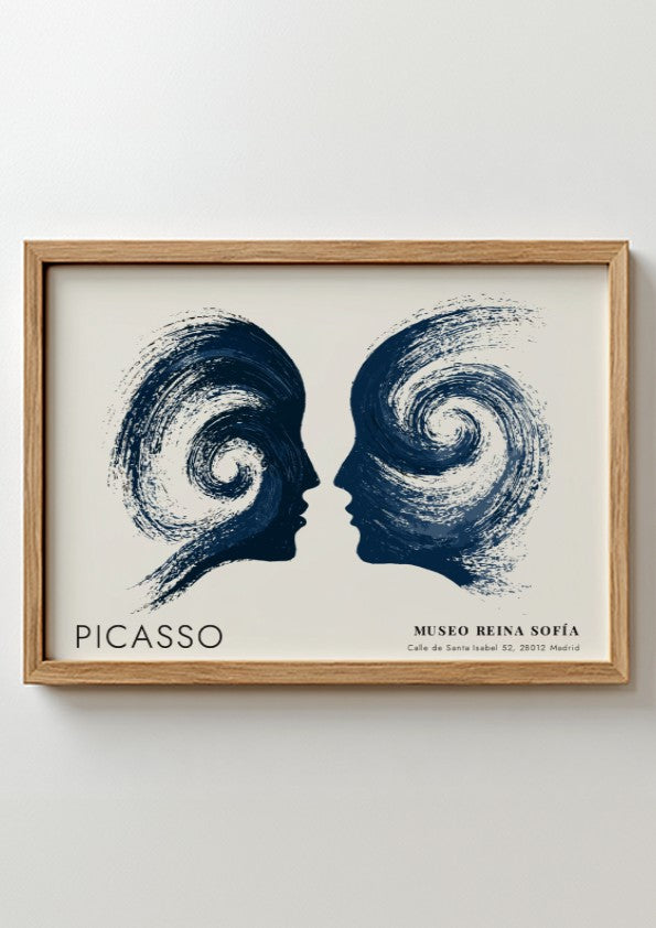 Woman With Flowers poster featuring swirling navy shapes in Picasso style