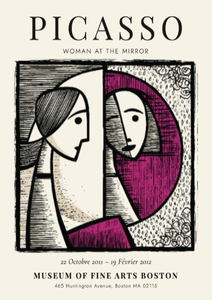 Picasso inspired poster featuring Woman at the Mirror with bold lines and harmonious colors