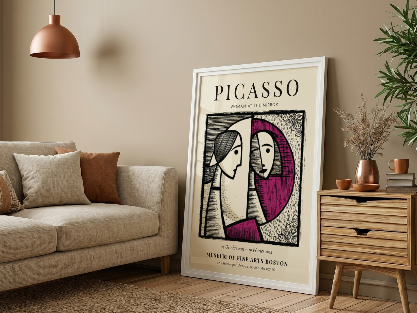 Picasso inspired poster featuring Woman at the Mirror with bold lines and harmonious colors
