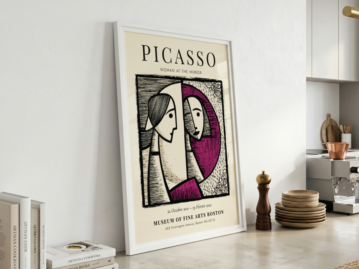 Picasso inspired poster featuring Woman at the Mirror with bold lines and harmonious colors