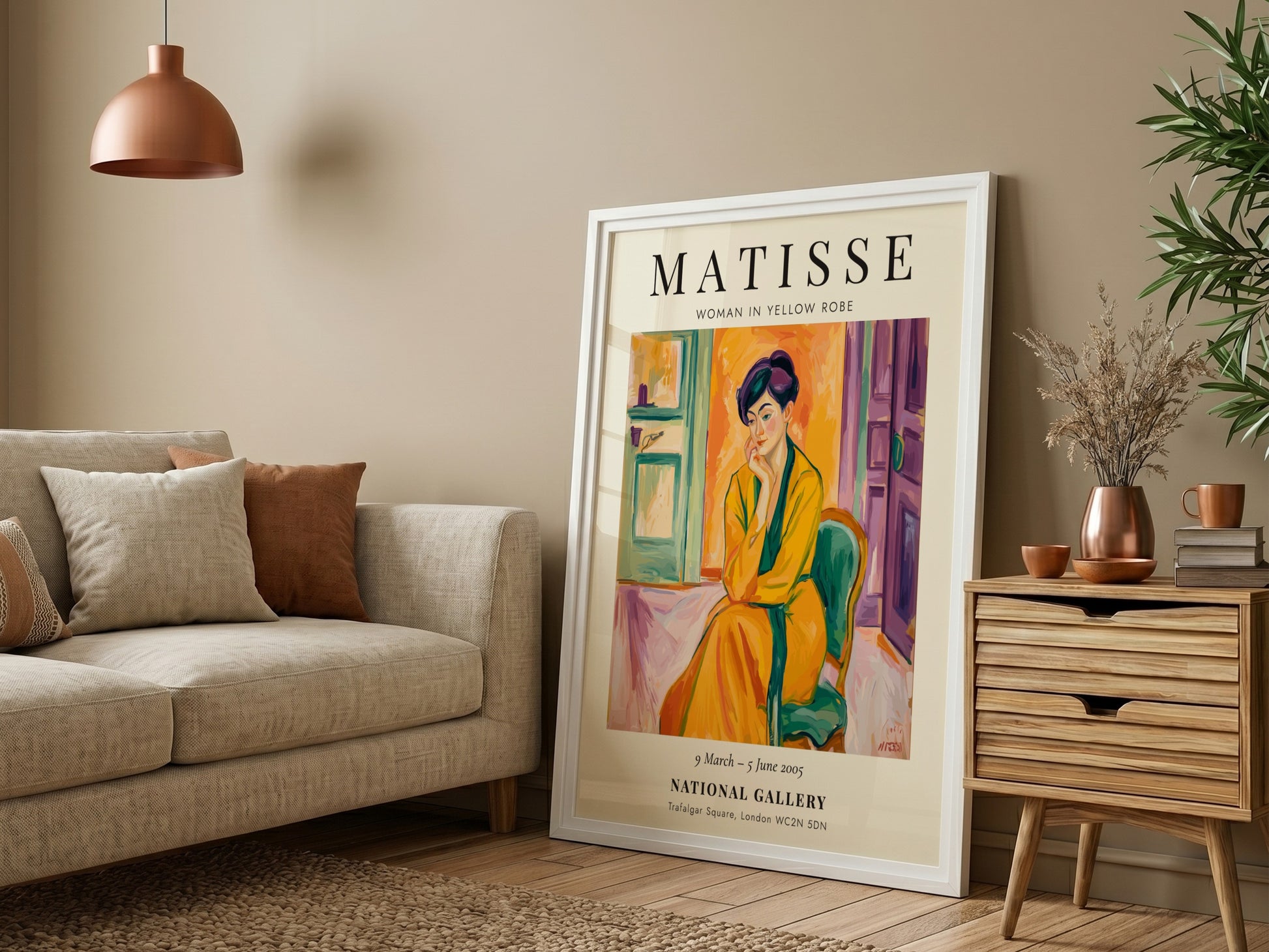 Henri Matisse poster featuring Woman in Yellow Robe, vibrant colors and modernist style.