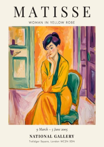 Henri Matisse poster featuring Woman in Yellow Robe, vibrant colors and modernist style.