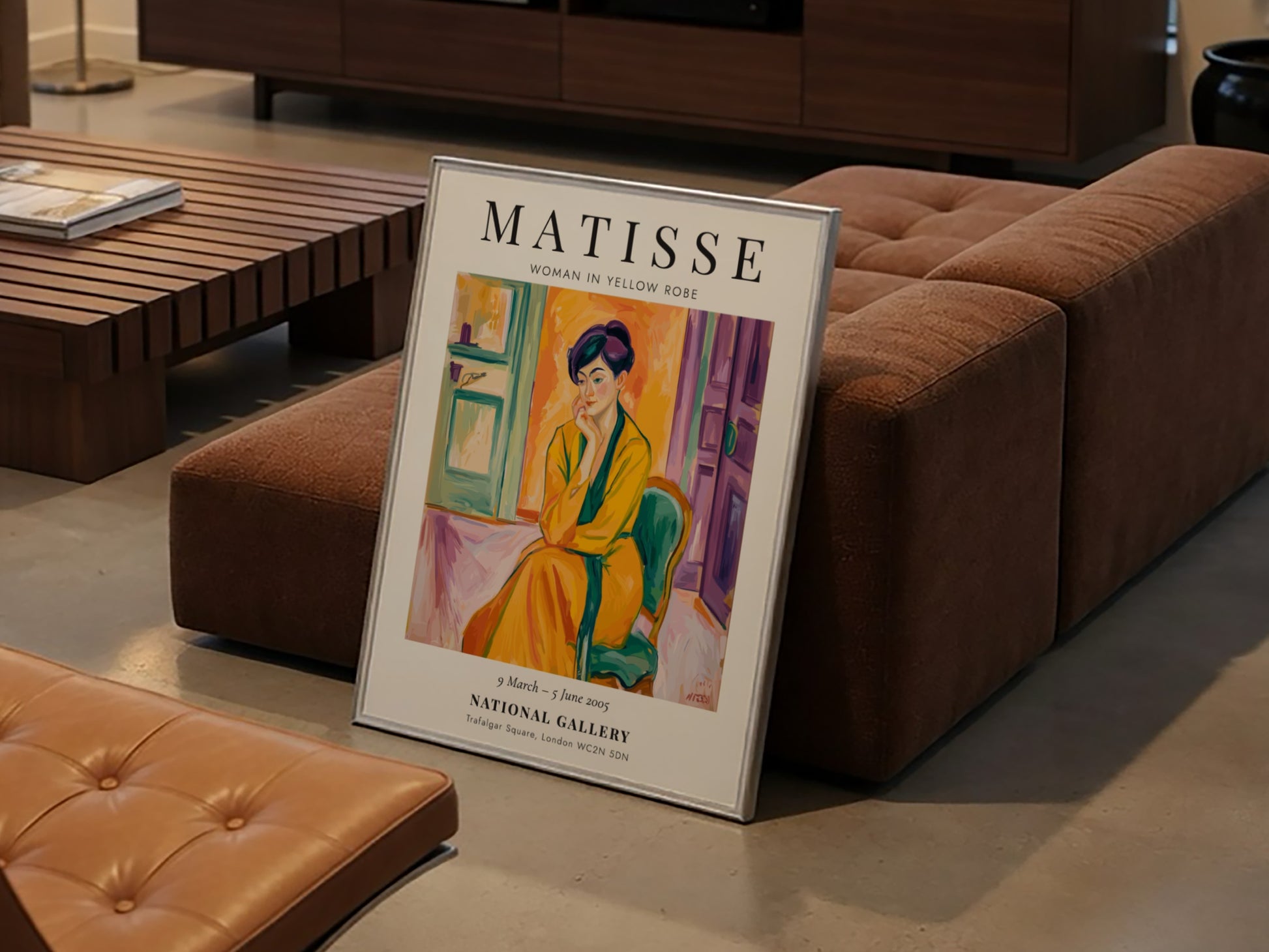 Henri Matisse poster featuring Woman in Yellow Robe, vibrant colors and modernist style.