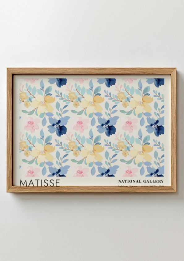 Henri Matisse poster featuring a woman in a yellow robe with floral patterns in pastel colors