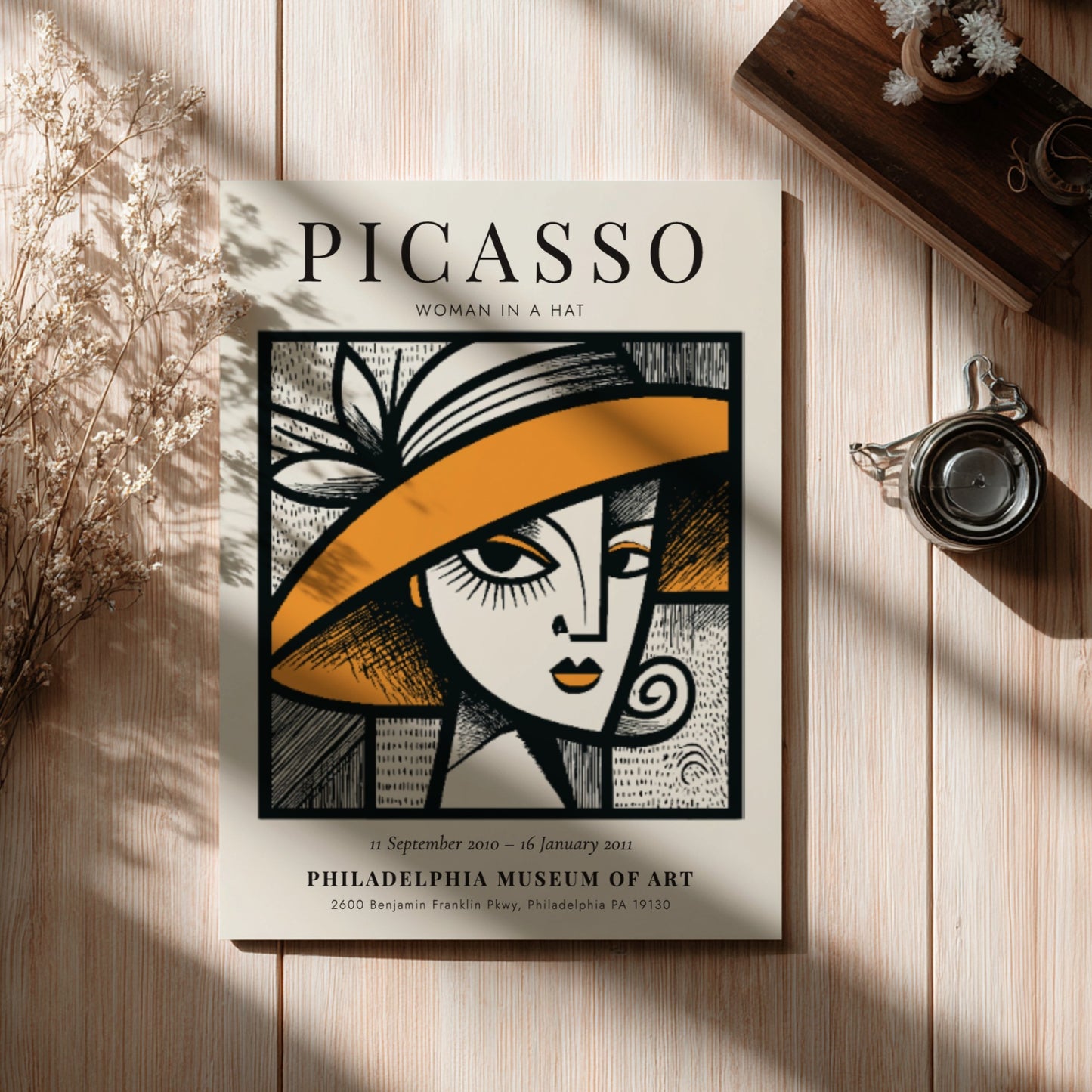 Woman in a Hat poster featuring bold lines and vibrant colors inspired by Picasso's style